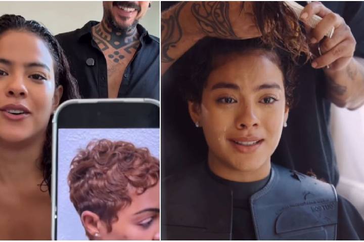 Bella Campos chora ao fazer transformação radical no cabelo; veja