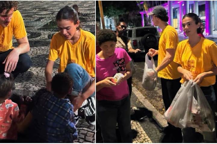 Bruna Marquezine e Shawn Mendes distribuem mais de 3 mil quentinhas pelo RJ
