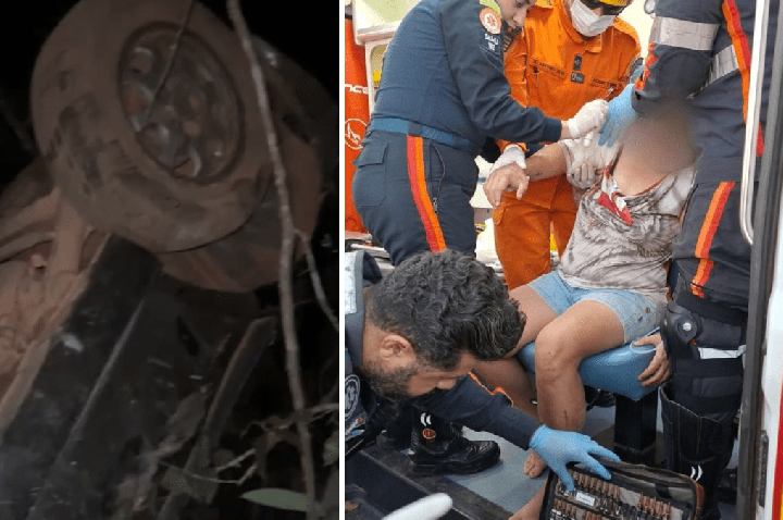 Casal sofre acidente e carro despenca em ribanceira de 50 metros em Goiás