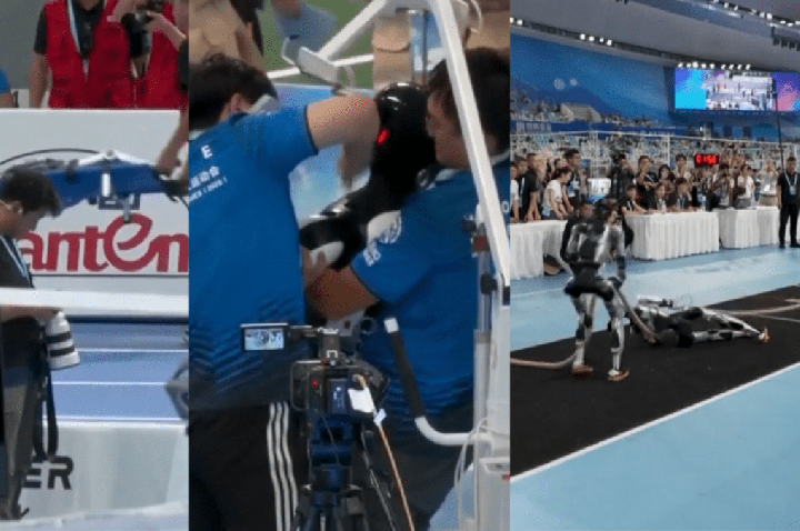 Jogos Humanoides têm desmaio de robô no pingue-pongue, capote na corrida, queda no cabo de aço e muito trabalho aos maqueiros