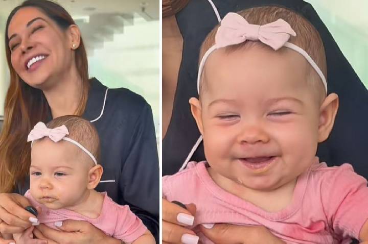 Maíra Cardi fica surpresa ao ver filha comer primeira papinha; assista