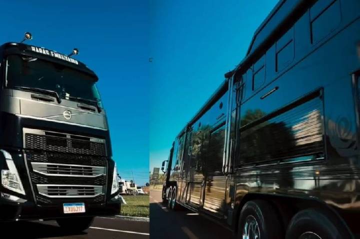 Motorhome gigante de Gusttavo Lima chega a Barretos puxado por Volvo FH