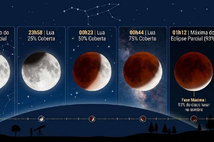Não durma cedo: Hoje é dia de virar a madrugada para observar um raro eclipse lunar no Brasil que deixará a Lua vermelha