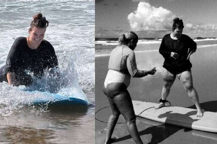 Thais Carla faz aula de surfe após perder 85 kg e promete nova fase