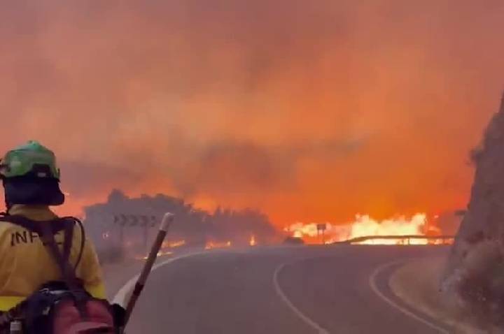 Vídeo mostra bombeiros tentando apagar fogo perto de estrada na Espanha