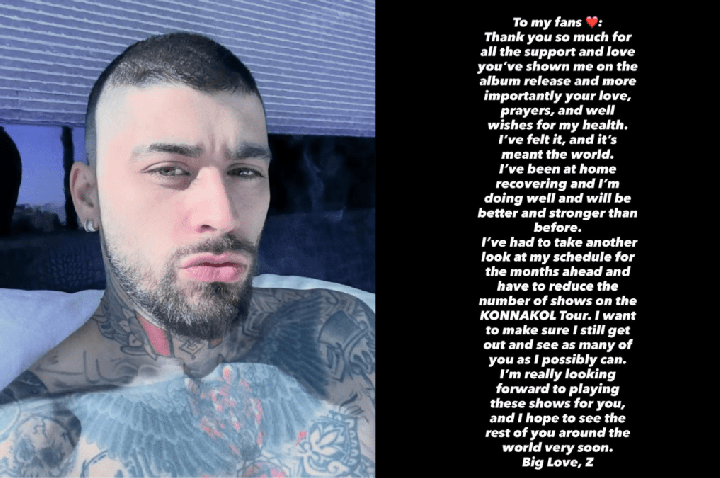 Zayn Malik atualiza estado de saúde e cancela shows da turnê “Konnakol”