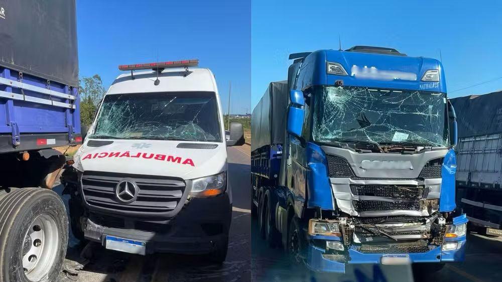 Ambulância com paciente se envolve em grave acidente com caminhões e carro em Vilhena (RO)