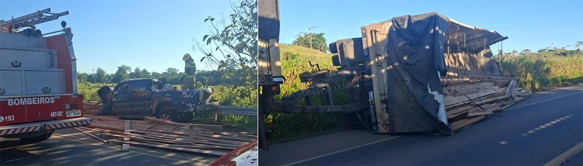Tragédia na BR-364: Carreta carregada de madeira tomba sobre caminhonete e deixa três mortos em Jaru (RO)
