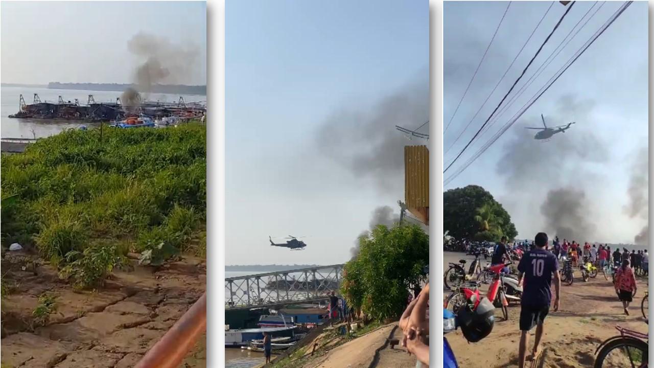 Balsas de extração ilegal de ouro são destruídas em operação no rio Madeira, no Amazonas.