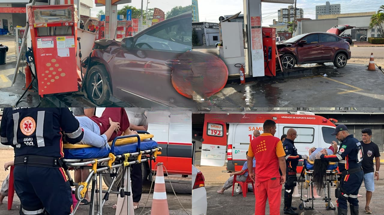 URGENTE: Carro invade posto de gasolina após colisão e deixa duas mulheres feridas.