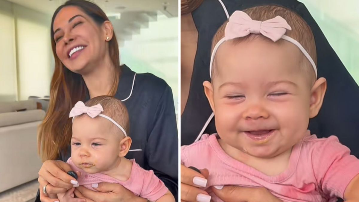 Maíra Cardi fica surpresa ao ver filha comer primeira papinha; assista