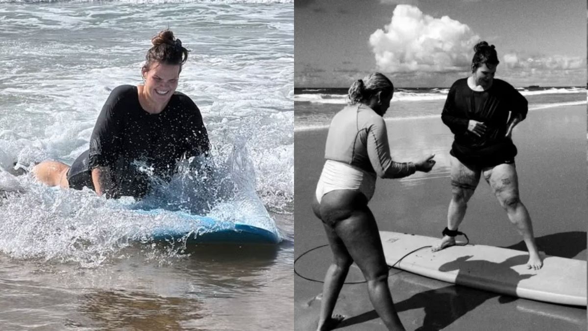 Thais Carla faz aula de surfe após perder 85 kg e promete nova fase