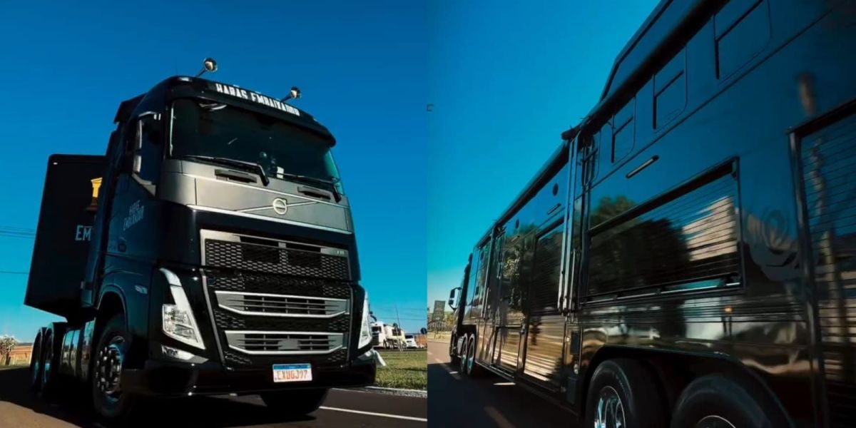 Motorhome gigante de Gusttavo Lima chega a Barretos puxado por Volvo FH
