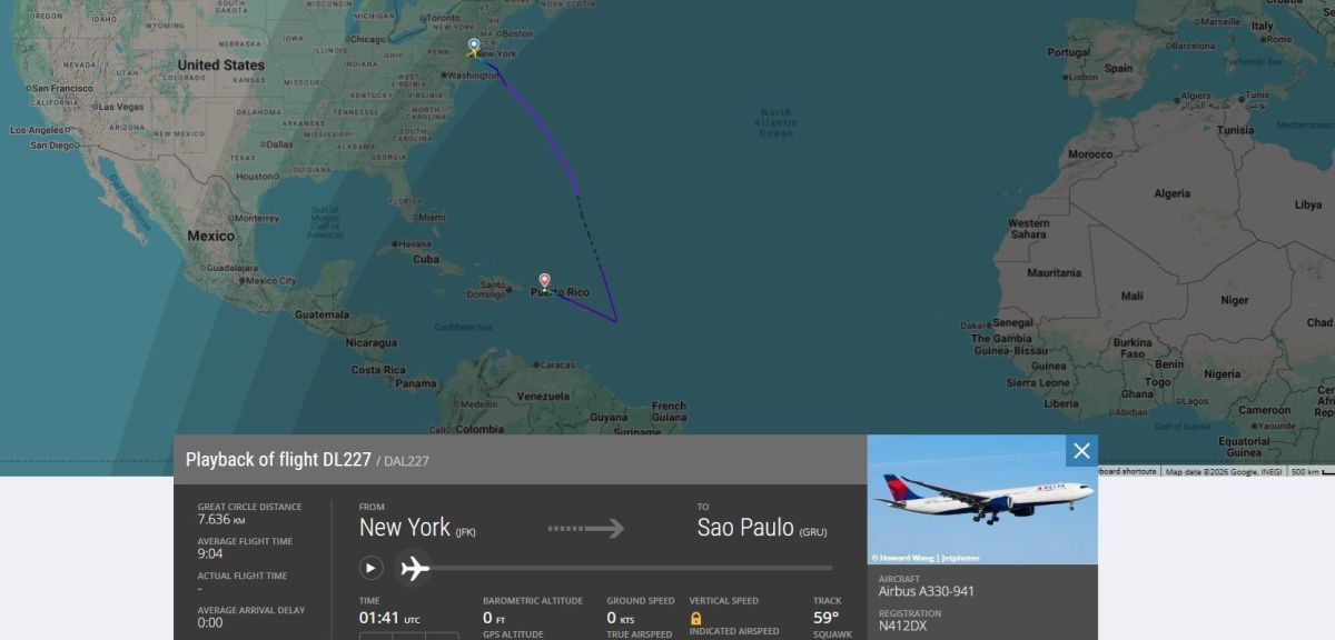 Voo da Delta de Nova York para São Paulo tem rota desvia para Porto Rico