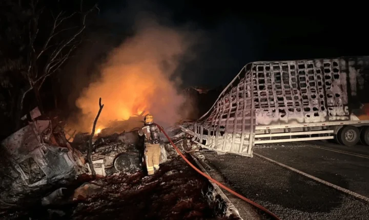 Acidente entre carretas causa incêndio e uma pessoa morre carbonizada em MG